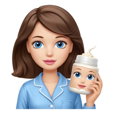 Barbie girl with makeup, blue eyes , and bob long haircut wavy, short brown hair in creamy color pajamas, face cream in hand sticker