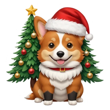 tricolor (black and red head) corgi with santa hat on and christmas tree near sticker