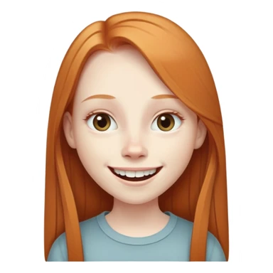 traditional emoji of young girl with very pale skin, long straight muted ginger hair (less vibrant), elongated oval face, bigger human-like eyes positioned close together, wide nose, friendly big smile with very large prominent teeth, less intense expression sticker