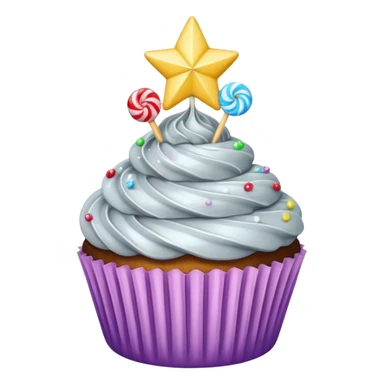 cupcake with silver frosting and a star-shaped candy sticker