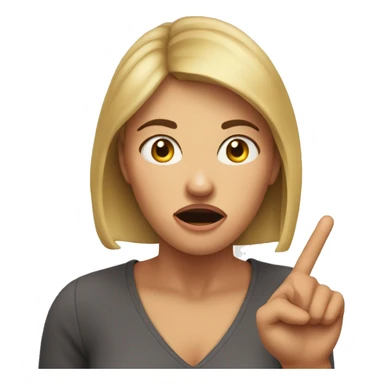 Woman who is quited shocked and pointig finger to her head sticker