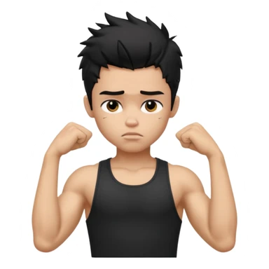 a PRETTY BRATZ boy with black messy hair, one hand on head. looking sad. lean biceps sticker