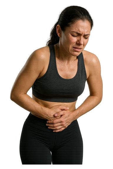 DONNA FITNESS CON MAL DI PANCIA,  iperrealistico 4k sticker