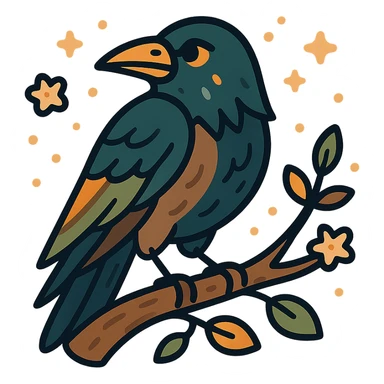 A mysterious crow perched on a branch, surrounded by a soft, magical atmosphere. The crow’s feathers are deep, dark hues with hints of golden orange (FA9B41), forest green (4A7C5C), muted taupe brown (96775A), and pastel peach (FFCC9A) subtly blending into its plumage. The branch is weathered and textured, with small leaves in green and peach tones, and delicate flowers or tiny sparks floating around. The lighting is soft and ambient, casting a warm, mystical glow over the scene, creating a quiet yet enchanting atmosphere. The crow’s sharp eyes and poised posture add to the mysterious, slightly gothic vibe of the moment. sticker