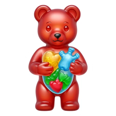 Multicolored gummy bear holding gummy human anatomically correct heart sticker