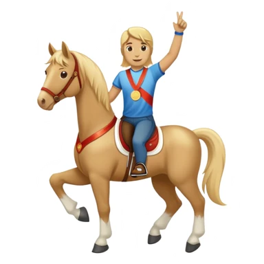 friendly anthropomorphised horse in jeans and a t-shirt, wearing a gold medal sticker