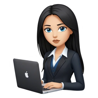 Model glamours tanned beautiful girl with pump nude lips and black straight long hair, straight hair parting, blue eyes with MacBook and black, black suit vest, V-neck - only one person sticker