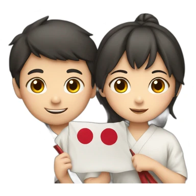 boy and girl holding Japanese flag sticker