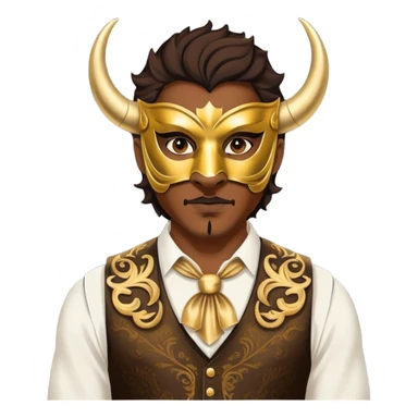 a man, with a vest,  wear half-face golden Buffalo masquerade mask sticker