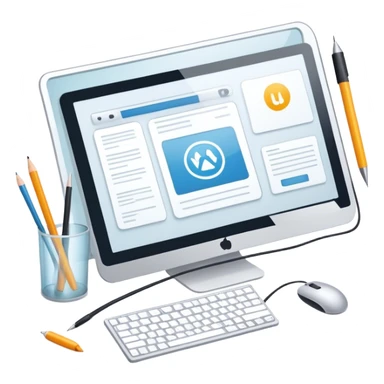 Modern icon for Web Design: computer screen with a website layout, design tools like a mouse and a stilus, web elements such as icons and wireframes. Transparent background. sticker
