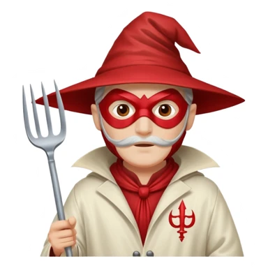 Wizard with a pointy red mask and holding a pitch fork wearing a long white jacket  sticker