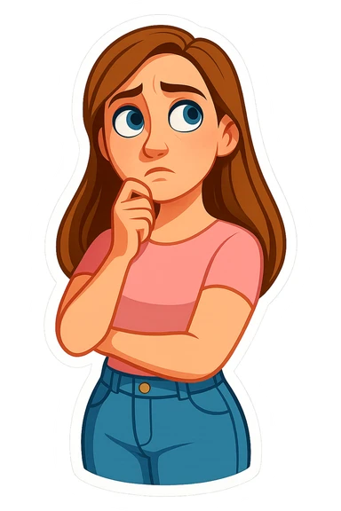 3D cartoon sticker, DreamWorks style of a 30-year-old woman with long light brown hair below shoulder blades, fair skin, large expressive blue eyes, slight bump on nose, wearing a pastel pink t-shirt and light blue mom jeans, thoughtful expression, soft light, white sticker outline sticker