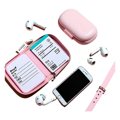 Minimal travel essentials flatlay: pastel pink pill case, earbuds case, boarding pass on light fabric sticker
