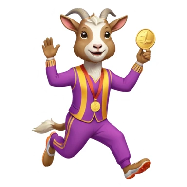 friendly anthropomorphised goat jogging upright in a colourful suit, holding up a medal, relaxed pose sticker
