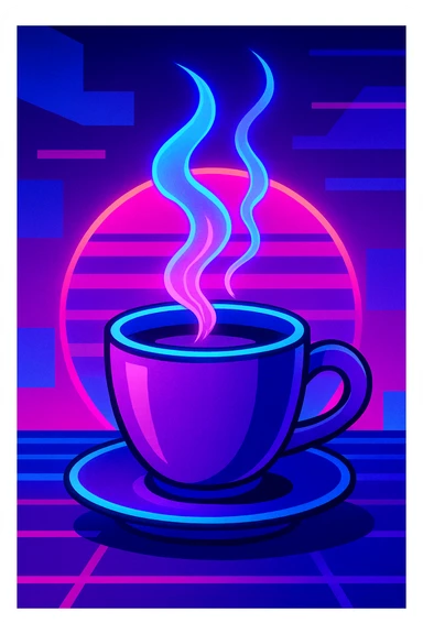 coffee cup in synthwave style, purple and blue gradients, glowing steam, 80s vibe sticker