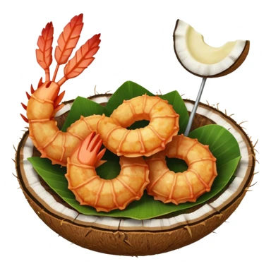 coconut shrimp, shrimp with coconut shell garnish, simple apple emoji style sticker