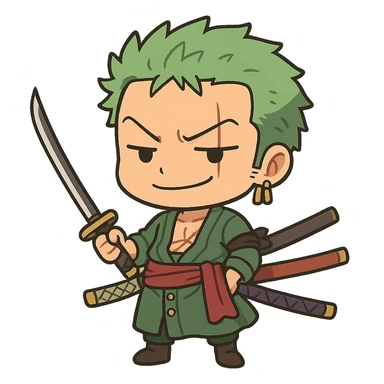 Zoro from One Piece in chibi cartoon style, cute and exaggerated features, green hair, three swords, confident expression sticker