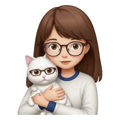 Cute girl brown hair have bangs and glasses hugging white cat sticker