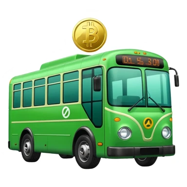 green electric bus with a shiny coin marked 0€, no text on the bus sticker