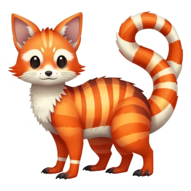 lush warm-colored Fakémon-Trico-creature (full body) with white cheek markings, white-striped tail sticker