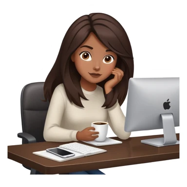 girl with dark brown/black hair with fresh blowout sitting at a desk with coffee and computer sticker