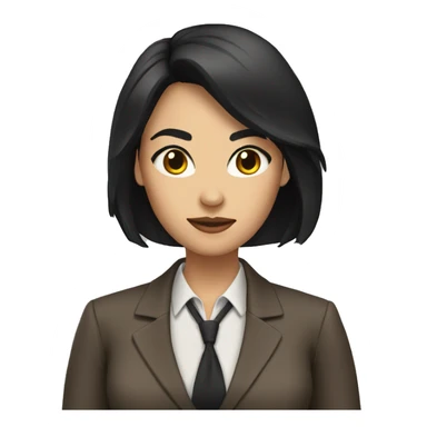 Female defense attorney with long black hair with brown suit sticker