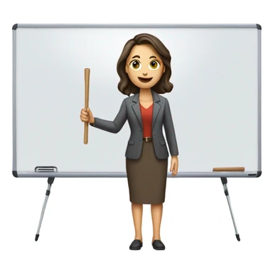 apple style emoji: brunette white woman as a teacher, with a stick in the hand and a whiteboard sticker