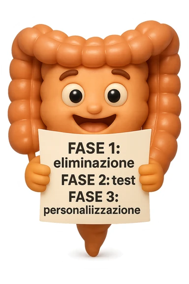 emoji stile iphone 3d di un intestino che tiene in mano un foglio con la scritta "FASE 1: eliminazione, FASE 2: test, FASE 3: personalizzazione, IPERREALISTICO 4K sticker