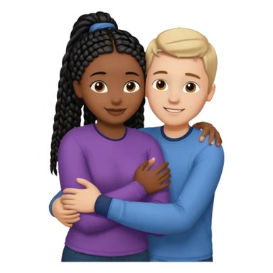 Dark black girl with black braids and tan white boy with curvy straight brown hair, they are hugging and smiling, and touching each other with their hands sticker