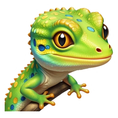 cinematic-cute-realistic gecko-portrait-emoji,-head-tilted-playfully-and-inquisitively,-featuring-a-small,-charming-body-with-smooth,-vividly-patterned-scales,-bright,-sparkling-eyes-and-delicate,-sticky-toe-pads,-simplified-yet-irresistibly-adorable sticker