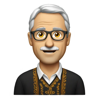 a middle-aged European man wearing an embroidered shirt and glasses sticker