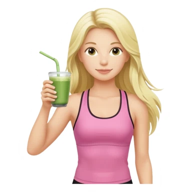 long haired blonde pilates instructor in pink drinking matcha in cute set sticker