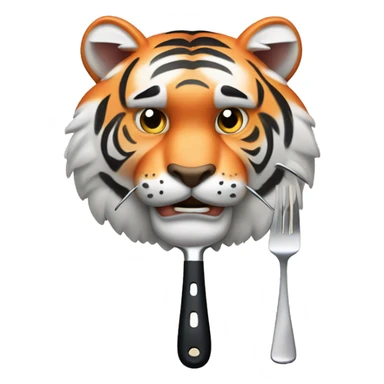 a muscular grinning tiger holding a fork poking into a fillet of salmon with the tip of its paws sticker