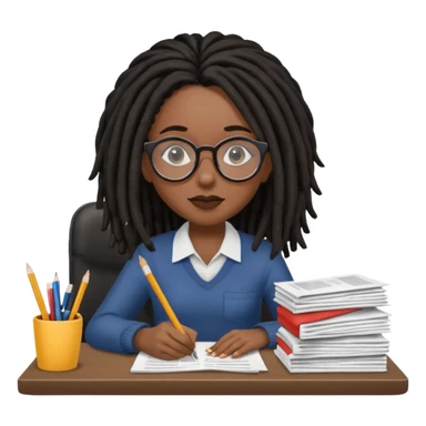 Black female with dark dreadlock hair and large round glasses with a desk full of papers sticker