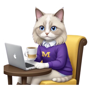 a cute blue eyed brown and white ragdoll cat with white paws and brown and beige tail wearing the dark violet sweater with yellow letteting "Milena" sitting on the grey sofa with grey laptop and drinking coffee sticker