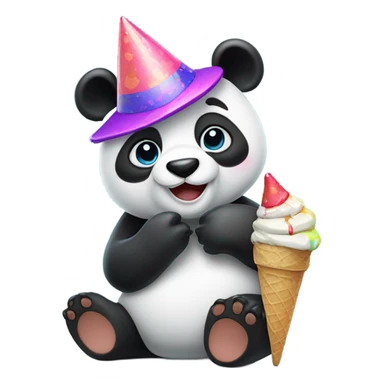 Panda crying while wearing a party hat on his head while eating ice cream sticker