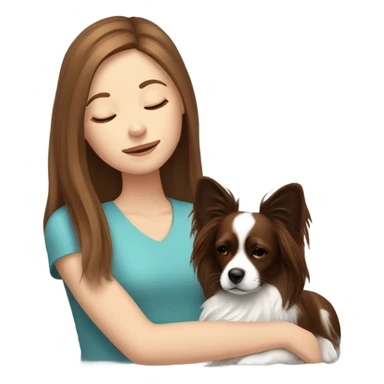 White girl brown hair spleeping with a black and brown papillon dog  sticker