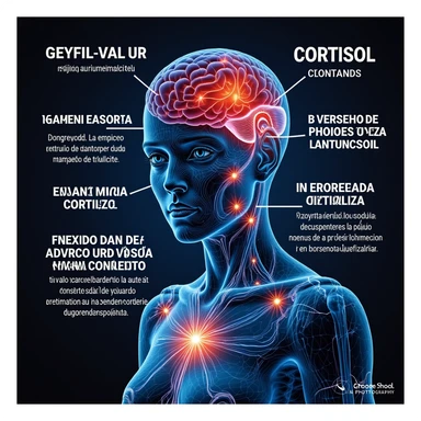 Realistic 3D medical image of a woman showing cortisol effects, highlighting the brain, adrenal glands, and hormonal connections. Include Italian captions. Aspect ratio 2:3. Realistic style with detailed anatomical features and clear labeling in Italian. sticker