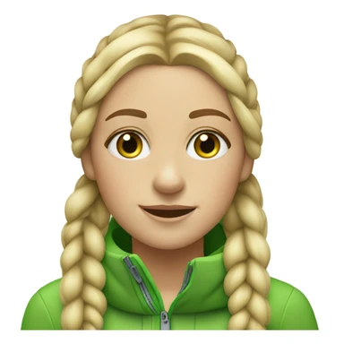 blonde girl, with freckless, green eyes, cite, two braids and goes skiing sticker