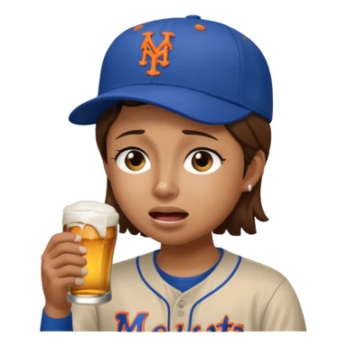 Mets fan with a hat and short brown hair crying with a beer sticker