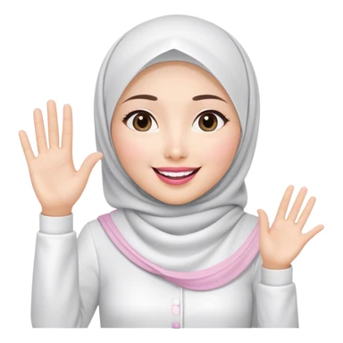 Asian white woman hijab, her hijab color is white, her face is small oval, her face is firm, her lips are pink, her eyes is shining, her face looks happy and excited, her eyes are also smiling, her outfit color is white. Generate emoji that show full body, and her left hand is waving to the left sticker