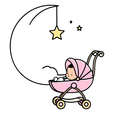 sleeping baby in pink and beige stroller under a crescent moon with sparkling stars and pastel blue clouds sticker