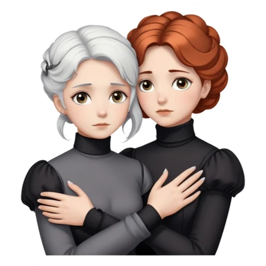 Two Victorian women with grey eyes in a sad, intimate hug. One has bright white coiffed hair, one has dark copper coiffed hair. Both wearing Victorian turtleneck dresses with arms tightly around each other. sticker