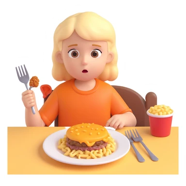 A stylized 3D character of a 6-year-old child sits at a table, looking bored at a plate of macaroni and a meat patty, absentmindedly poking the macaroni with a fork. sticker