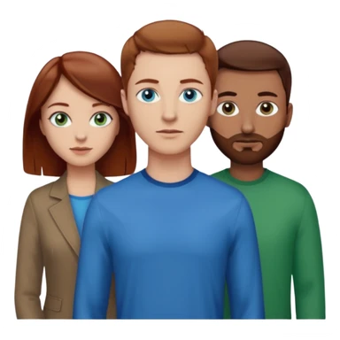 One woman with blue eyes, brown hair, light skin standing next to another woman with darker red brown hair, lighter skin, and green eyes, standing next to a man with no facial hair, blue eyes, and short brown hair sticker