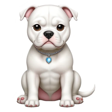cinematic-[american bulldog]-realistic-full-body-sitting-emoji,-tail-resting-loosely-beside-its-paws,-head-tilted-dramatically,-sleek-[solid white]-fur,-simplified-yet-realistic-focused-features,-highly-detailed,-glowing-with-an-almost-sarcastic-glow sticker