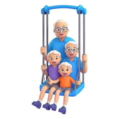 3D smiley emoji, round shape, grandfather pushing a grandchild on a swing, blue color, smiling face sticker