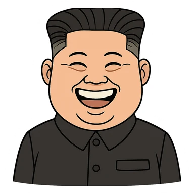 caricature emoji of Kim Jong-un smiling, wearing black suit, cartoon style sticker