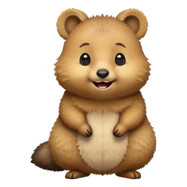 cinematic-quokka-realistic-emoji,-small-round-frame-balanced-on-tiny-strong-hind-legs,giant-fluffy-cheeks-large-smile-fluffy-brown-fur-radiating-a-warm-softness,-big-round-eyes-filled-with-joy, realistic emoji zoomed in sticker