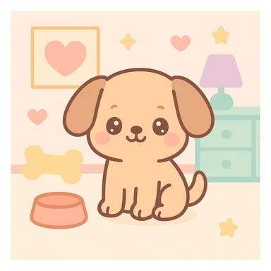 a dog in a playful, colorful room, kawaii style sticker